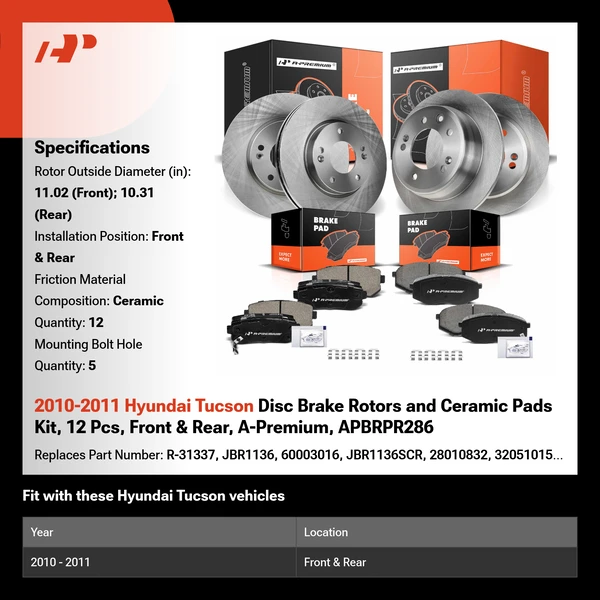 2010-2011 Hyundai Tucson Disc Brake Rotors and Ceramic Pads Kit, 12 Pcs, Front & Rear, A-Premium, APBRPR286