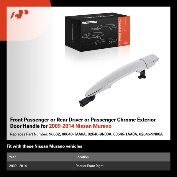 Front Passenger or Rear Driver or Passenger Chrome Exterior Door Handle for 2009-2014 Nissan Murano