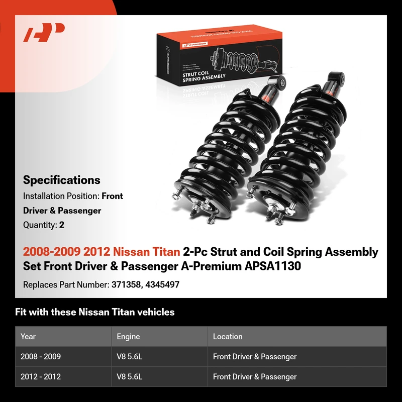 2008-2009 2012 Nissan Titan 2-Pc Strut and Coil Spring Assembly Set Front Driver & Passenger A-Premium APSA1130