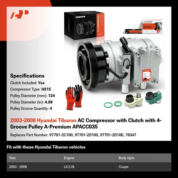 2003-2008 Hyundai Tiburon AC Compressor with Clutch with 4-Groove Pulley A-Premium APACC035