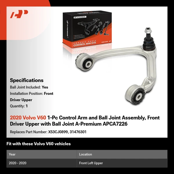 2020 Volvo V60 1-Pc Control Arm and Ball Joint Assembly, Front Driver Upper with Ball Joint A-Premium APCA7226