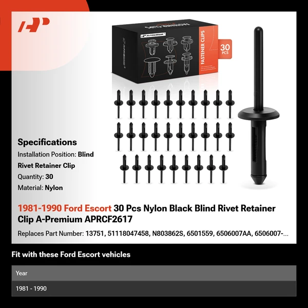 1981-1990 Ford Escort 30 Pcs Nylon Black Blind Rivet Retainer Clip A-Premium APRCF2617