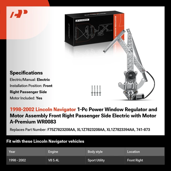 1998-2002 Lincoln Navigator 1-Pc Power Window Regulator and Motor Assembly Front Right Passenger Side Electric with Motor A-Premium WR0083