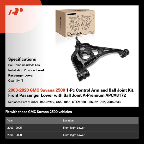 2003-2020 GMC Savana 2500 1-Pc Control Arm and Ball Joint Kit, Front Passenger Lower with Ball Joint A-Premium APCA8172
