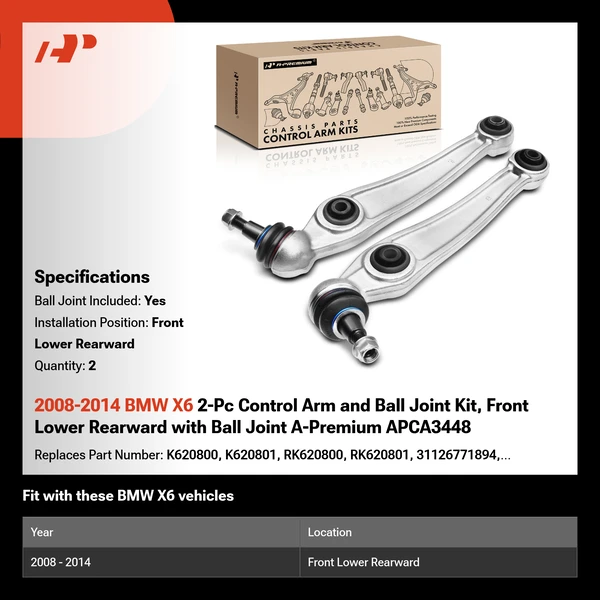2008-2014 BMW X6 2-Pc Control Arm and Ball Joint Kit, Front Lower Rearward with Ball Joint A-Premium APCA3448
