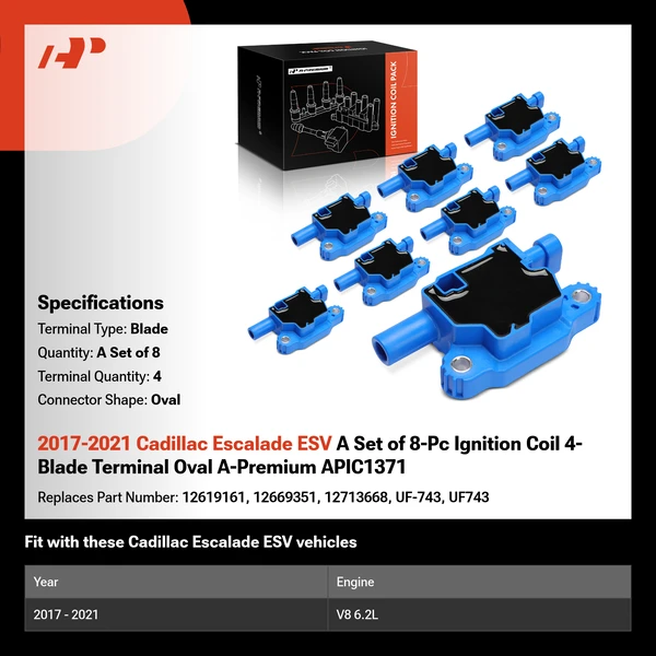 2017-2021 Cadillac Escalade ESV A Set of 8-Pc Ignition Coil 4-Blade Terminal Oval A-Premium APIC1371