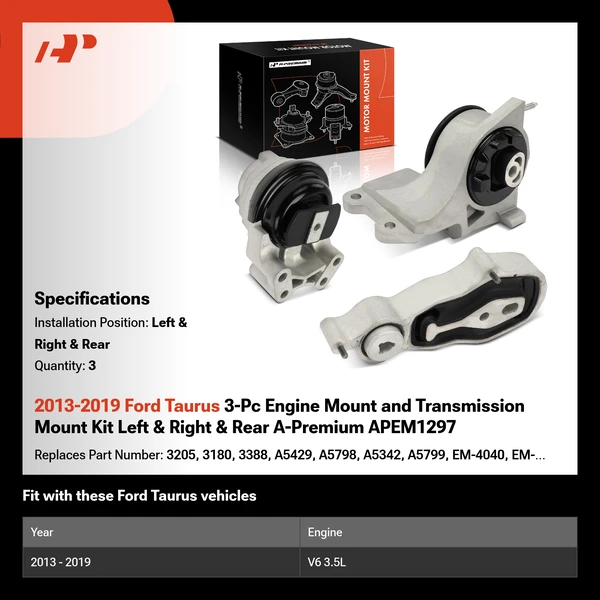 2013-2019 Ford Taurus 3-Pc Engine Mount and Transmission Mount Kit Left & Right & Rear A-Premium APEM1297