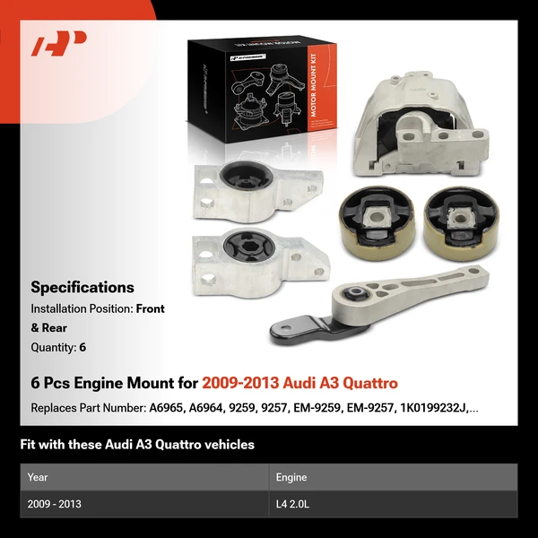 6 Pcs Engine Mount for 2009-2013 Audi A3 Quattro