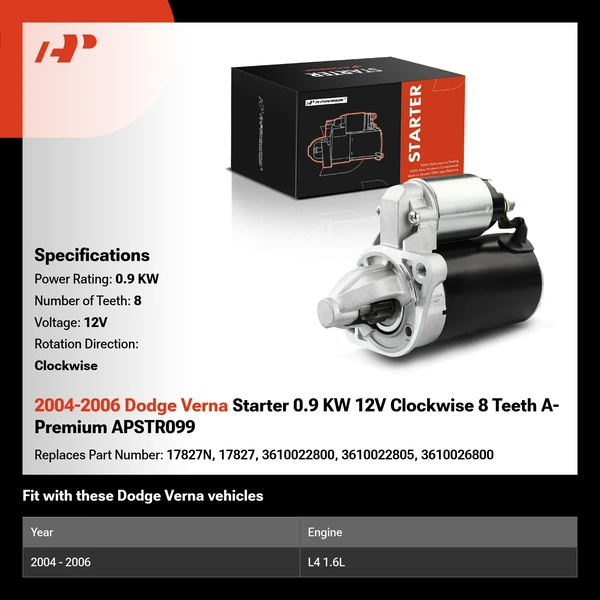 2004-2006 Dodge Verna Starter 0.9 KW 12V Clockwise 8 Teeth A-Premium APSTR099