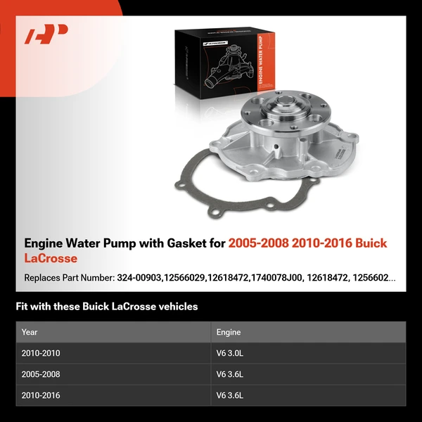 Engine Water Pump with Gasket for 2005-2008 2010-2016 Buick LaCrosse