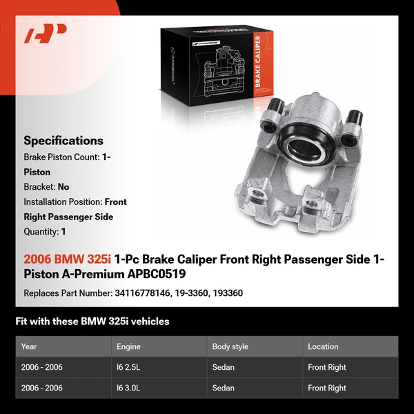 2006 BMW 325i 1-Pc Brake Caliper Front Right Passenger Side 1-Piston A-Premium APBC0519
