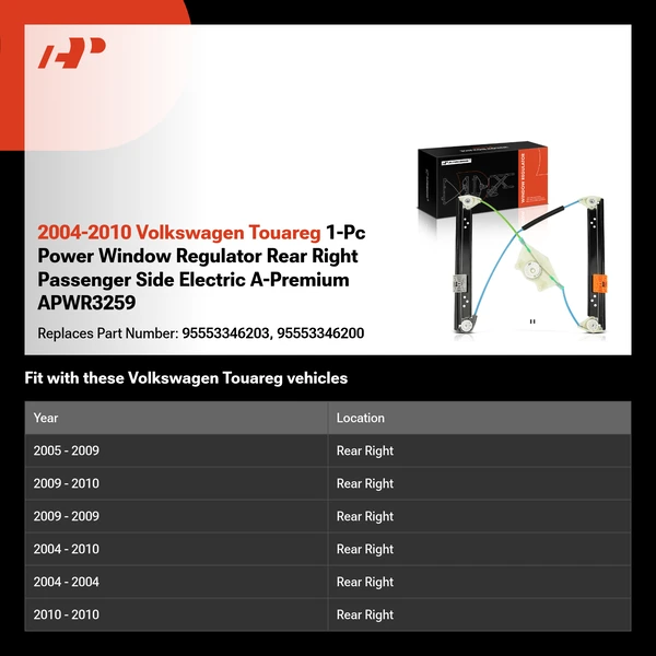 2004-2010 Volkswagen Touareg 1-Pc Power Window Regulator Rear Right Passenger Side Electric A-Premium APWR3259