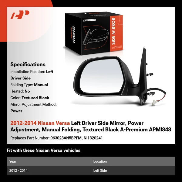 2012-2014 Nissan Versa Left Driver Side Mirror, Power Adjustment, Manual Folding, Textured Black A-Premium APMI848