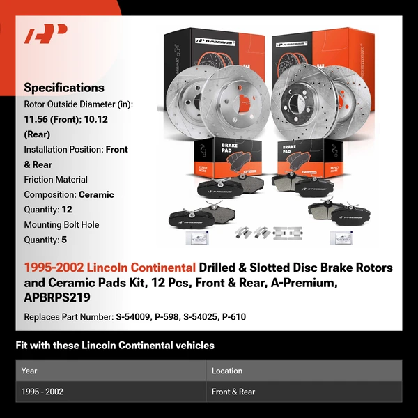 1995-2002 Lincoln Continental Drilled & Slotted Disc Brake Rotors and Ceramic Pads Kit, 12 Pcs, Front & Rear, A-Premium, APBRPS219