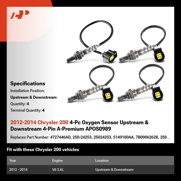 2012-2014 Chrysler 200 4-Pc Oxygen Sensor Upstream & Downstream 4-Pin A-Premium APOS0989