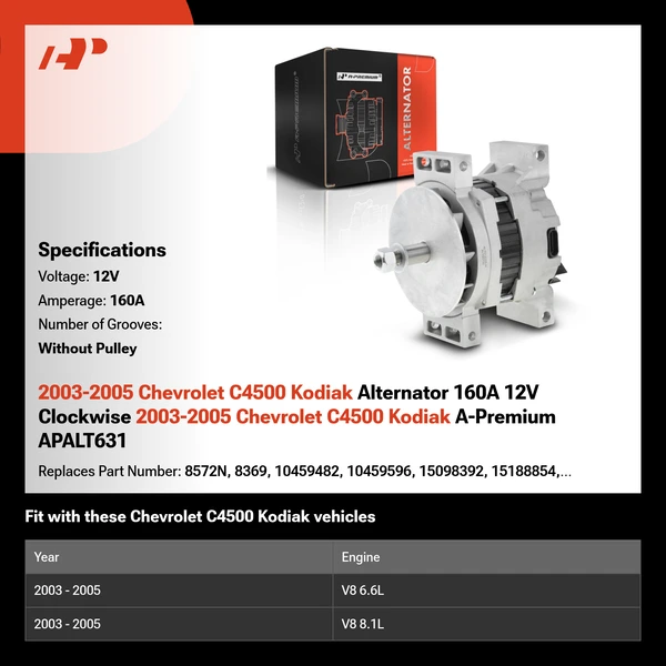 2003-2005 Chevrolet C4500 Kodiak Alternator 160A 12V Clockwise 2003-2005 Chevrolet C4500 Kodiak A-Premium APALT631