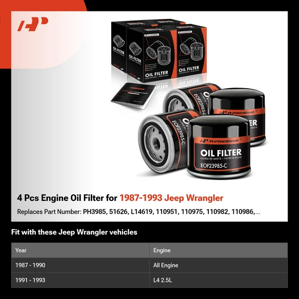 4 Pcs Engine Oil Filter for 1987-1993 Jeep Wrangler