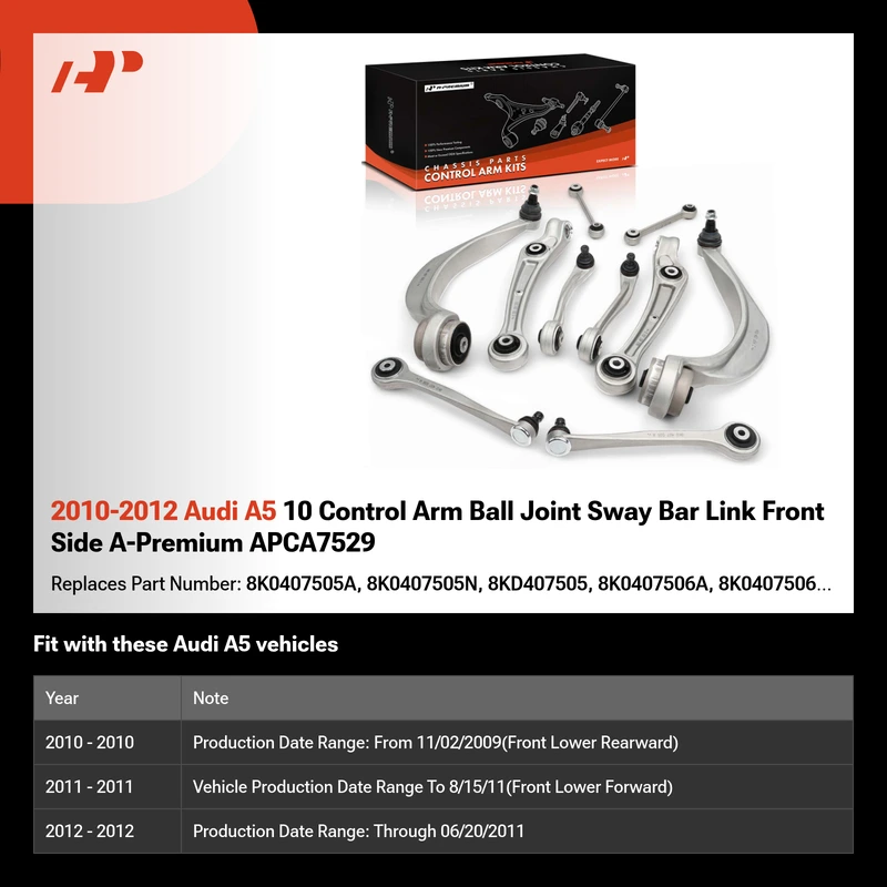 2010-2012 Audi A5 10 Control Arm Ball Joint Sway Bar Link Front Side A-Premium APCA7529