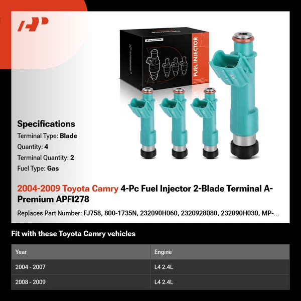 2004-2009 Toyota Camry 4-Pc Fuel Injector 2-Blade Terminal A-Premium APFI278