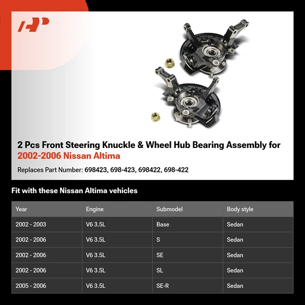 2 Pcs Front Steering Knuckle & Wheel Hub Bearing Assembly for 2002-2006 Nissan Altima