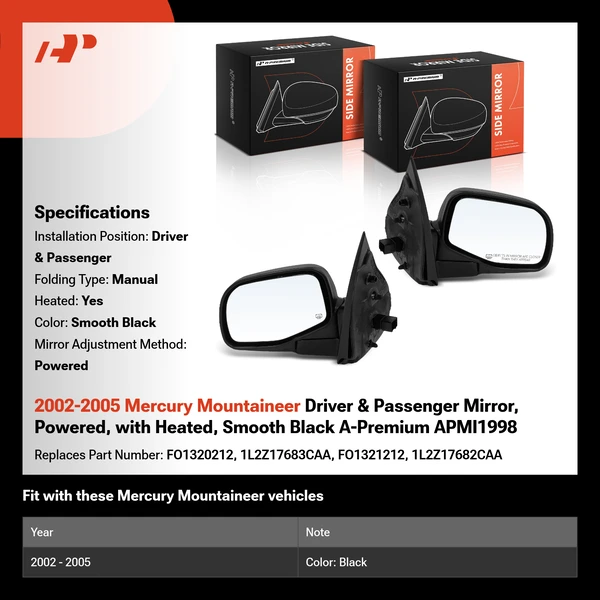 2002-2005 Mercury Mountaineer Driver & Passenger Mirror, Powered, with Heated, Smooth Black A-Premium APMI1998