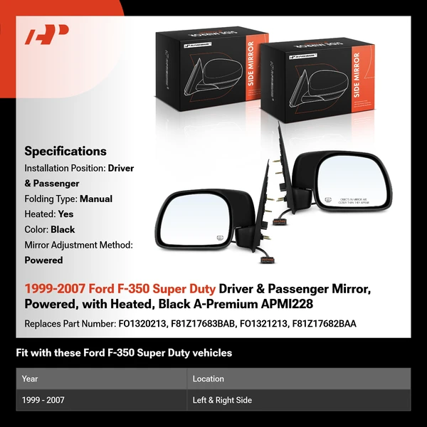 1999-2007 Ford F-350 Super Duty Driver & Passenger Mirror, Powered, with Heated, Black A-Premium APMI228
