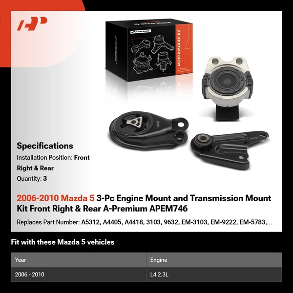2006-2010 Mazda 5 3-Pc Engine Mount and Transmission Mount Kit Front Right & Rear A-Premium APEM746