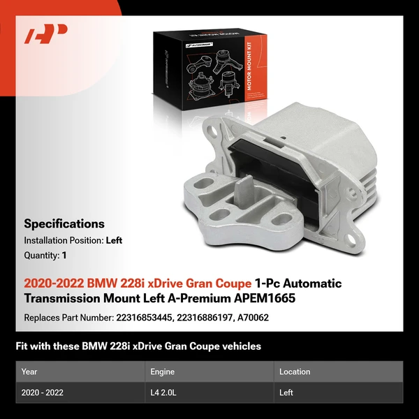 2020-2022 BMW 228i xDrive Gran Coupe 1-Pc Automatic Transmission Mount Left A-Premium APEM1665