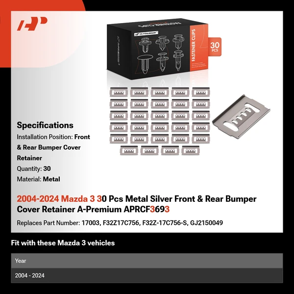 2004-2024 Mazda 3 30 Pcs Metal Silver Front & Rear Bumper Cover Retainer A-Premium APRCF3693