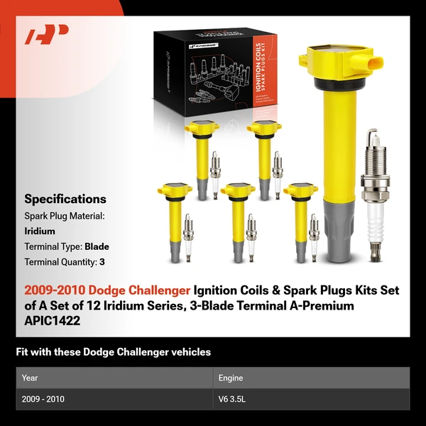 2009-2010 Dodge Challenger Ignition Coils & Spark Plugs Kits Set of A Set of 12 Iridium Series, 3-Blade Terminal A-Premium APIC1422