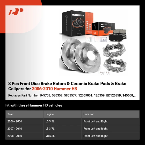 8 Pcs Front Disc Brake Rotors & Ceramic Brake Pads & Brake Calipers for 2006-2010 Hummer H3