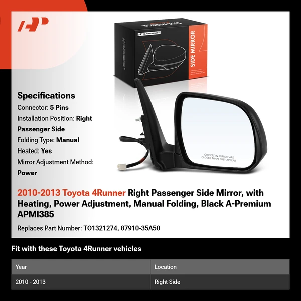 2010-2013 Toyota 4Runner Right Passenger Side Mirror, with Heating, Power Adjustment, Manual Folding, Black A-Premium APMI385