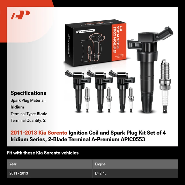 2011-2013 Kia Sorento Ignition Coil and Spark Plug Kit Set of 4 Iridium Series, 2-Blade Terminal A-Premium APIC0553