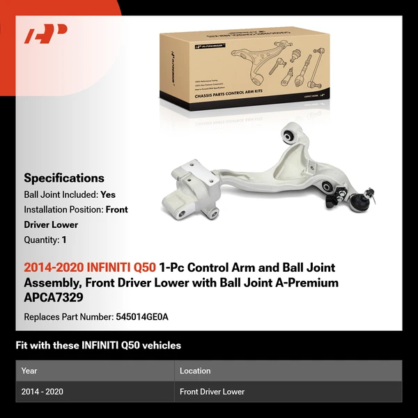 2014-2020 INFINITI Q50 1-Pc Control Arm and Ball Joint Assembly, Front Driver Lower with Ball Joint A-Premium APCA7329