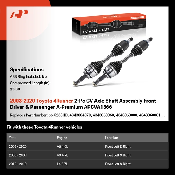 2003-2020 Toyota 4Runner 2-Pc CV Axle Shaft Assembly Front Driver & Passenger A-Premium APCVA1366