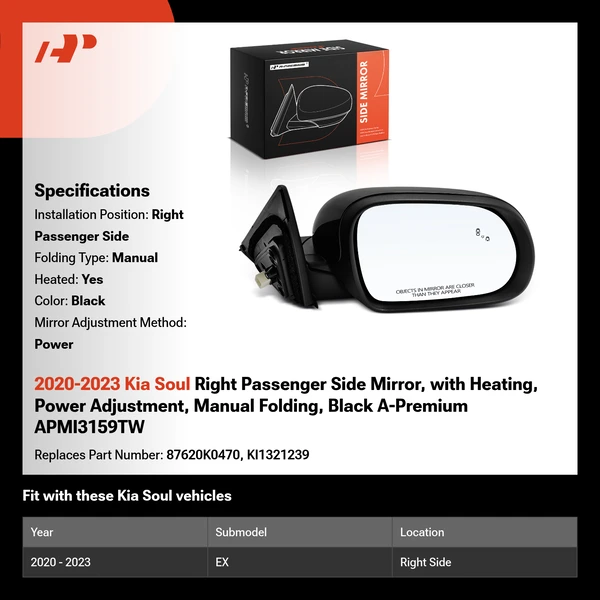 2020-2023 Kia Soul Right Passenger Side Mirror, with Heating, Power Adjustment, Manual Folding, Black A-Premium APMI3159TW