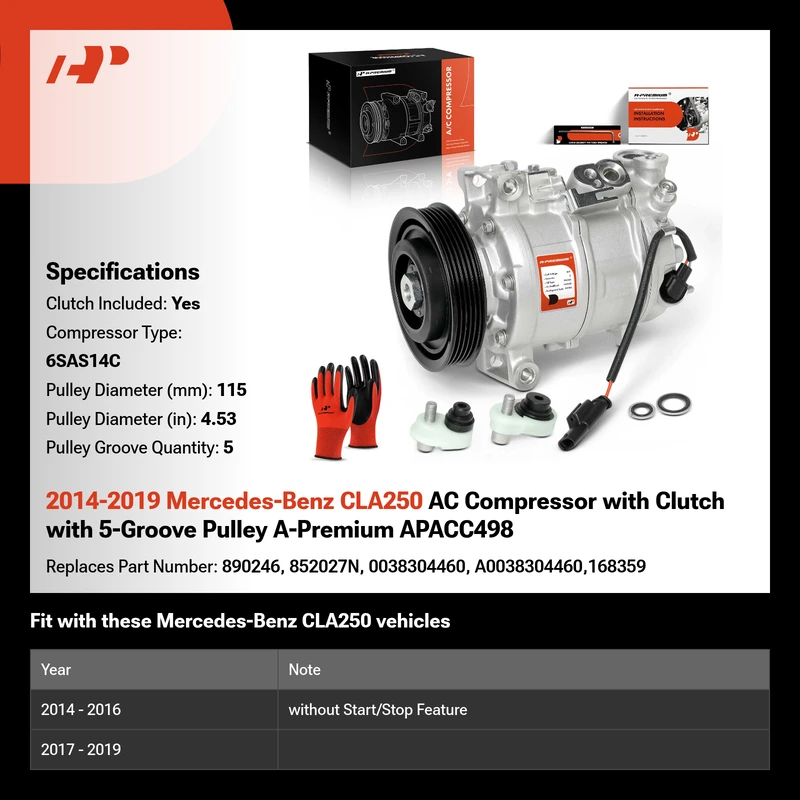 2014-2019 Mercedes-Benz CLA250 AC Compressor with Clutch with 5-Groove Pulley A-Premium APACC498