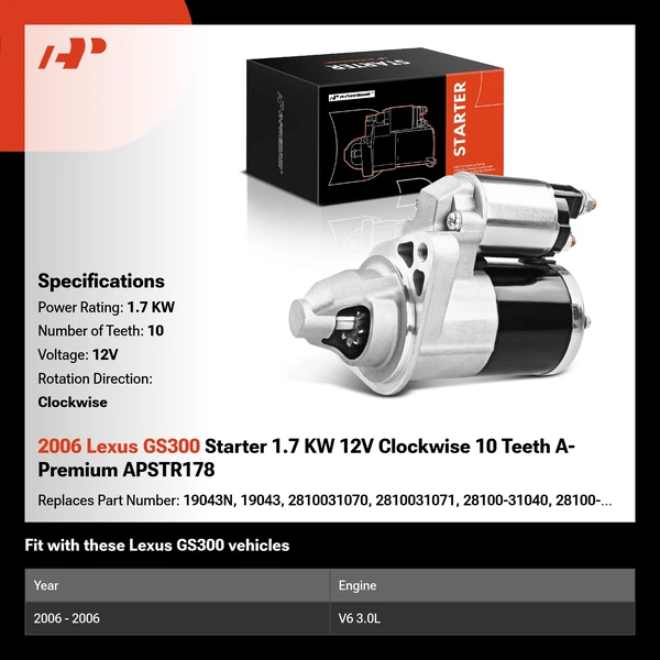 2006 Lexus GS300 Starter 1.7 KW 12V Clockwise 10 Teeth A-Premium APSTR178