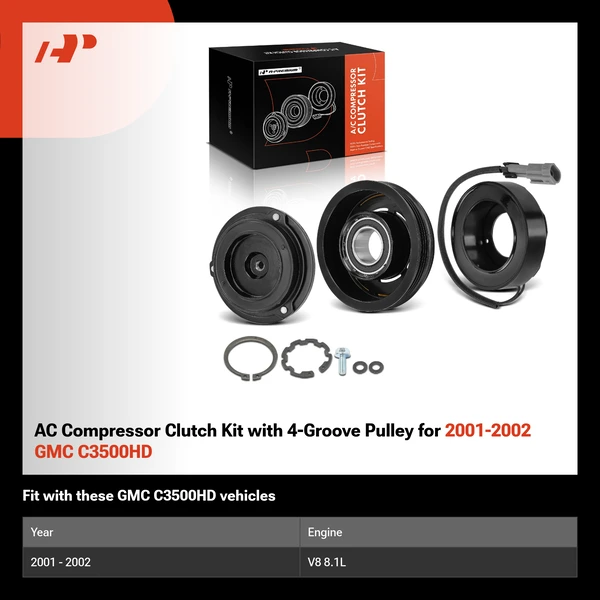AC Compressor Clutch Kit with 4-Groove Pulley for 2001-2002 GMC C3500HD