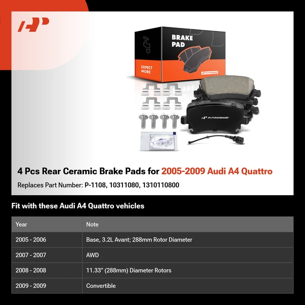 4 Pcs Rear Ceramic Brake Pads for 2005-2009 Audi A4 Quattro