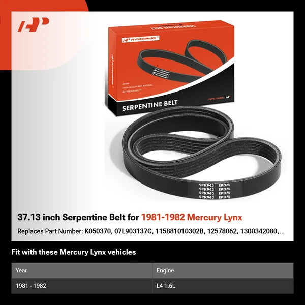 37.13 inch Serpentine Belt for 1981-1982 Mercury Lynx