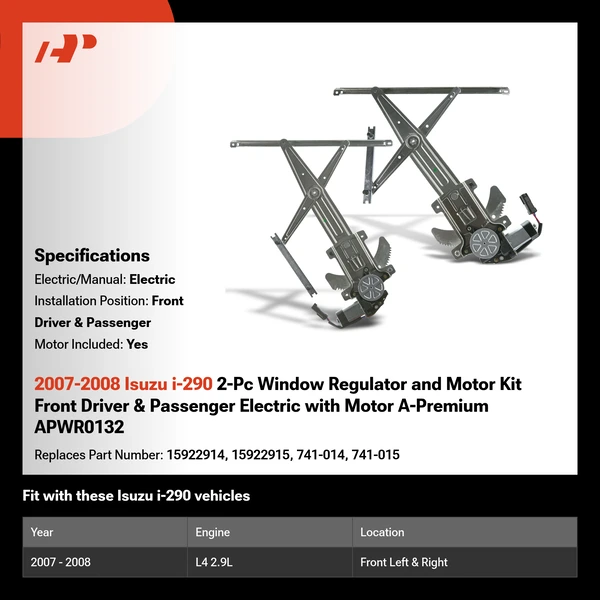 2007-2008 Isuzu i-290 2-Pc Window Regulator and Motor Kit Front Driver & Passenger Electric with Motor A-Premium APWR0132