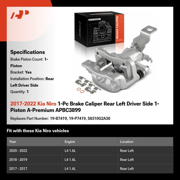 2017-2022 Kia Niro 1-Pc Brake Caliper Rear Left Driver Side 1-Piston A-Premium APBC3899