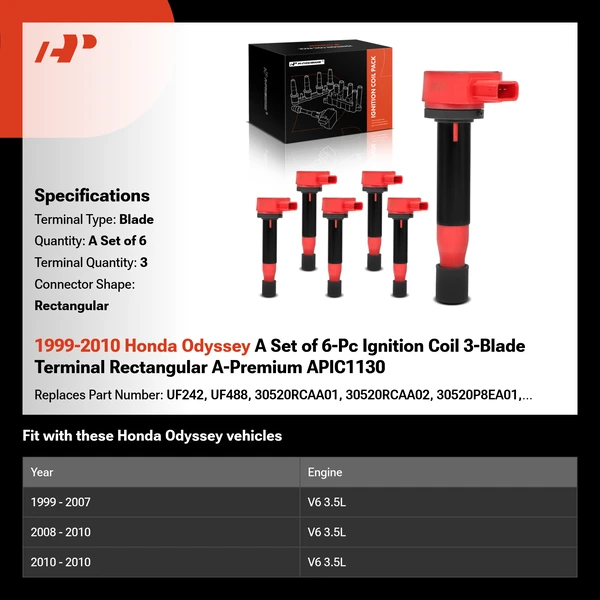1999-2010 Honda Odyssey A Set of 6-Pc Ignition Coil 3-Blade Terminal Rectangular A-Premium APIC1130