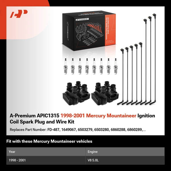 A-Premium APIC1315 1998-2001 Mercury Mountaineer Ignition Coil Spark Plug and Wire Kit