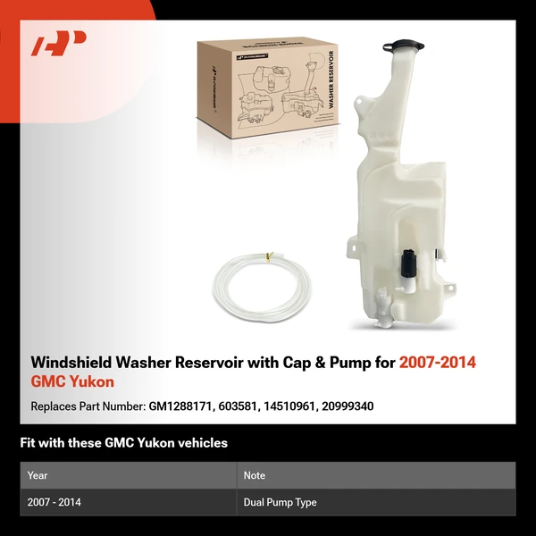Windshield Washer Reservoir with Cap & Pump for 2007-2014 GMC Yukon