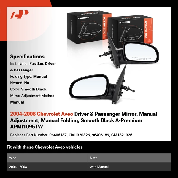 2004-2008 Chevrolet Aveo Driver & Passenger Mirror, Manual Adjustment, Manual Folding, Smooth Black A-Premium APMI1095TW