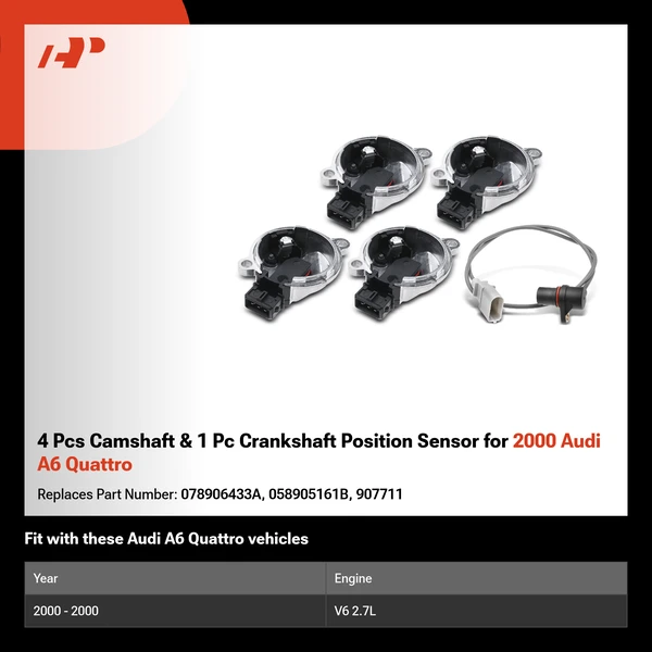 4 Pcs Camshaft & 1 Pc Crankshaft Position Sensor for 2000 Audi A6 Quattro