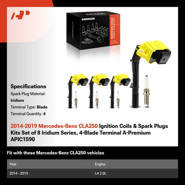 2014-2019 Mercedes-Benz CLA250 Ignition Coils & Spark Plugs Kits Set of 8 Iridium Series, 4-Blade Terminal A-Premium APIC1590