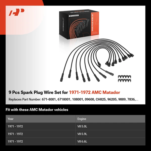 9 Pcs Spark Plug Wire Set for 1971-1972 AMC Matador